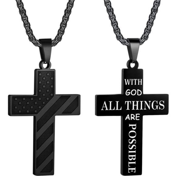 BLACK American Flag GOD Cross Necklace Men Stainless Steel Box Chain 22+2 inch - Picture 1 of 7